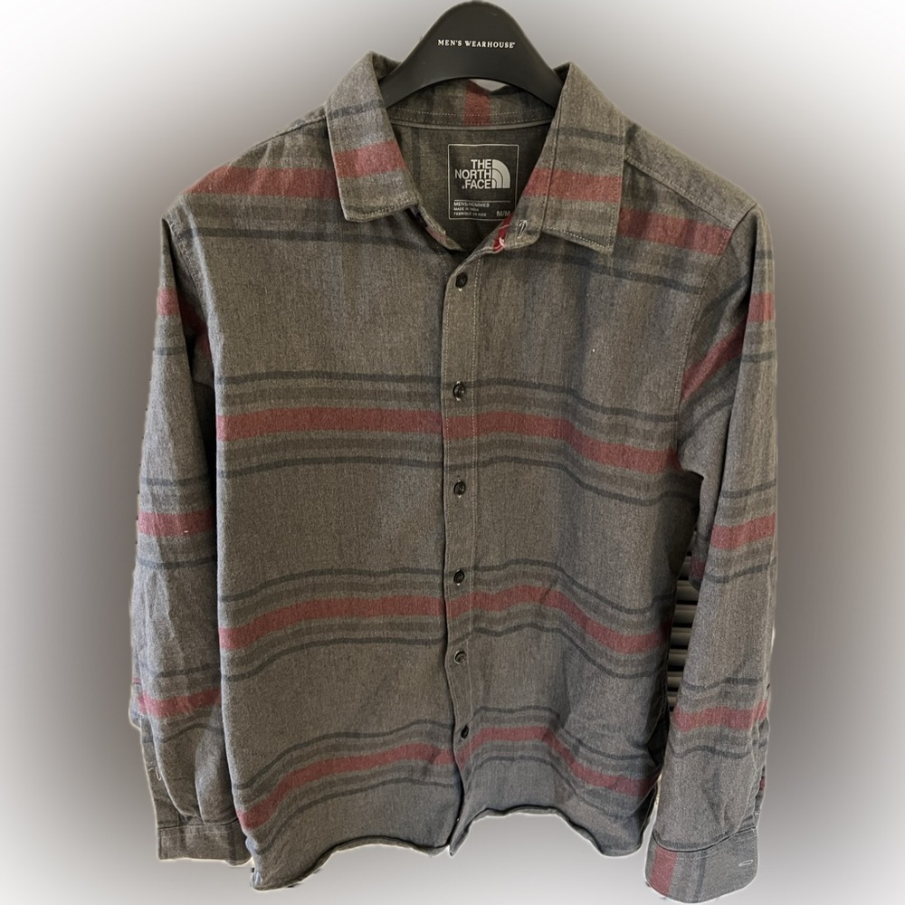 The North Face Gray Striped Flannel Shirt Mens Medium Long Sleeve Button Up